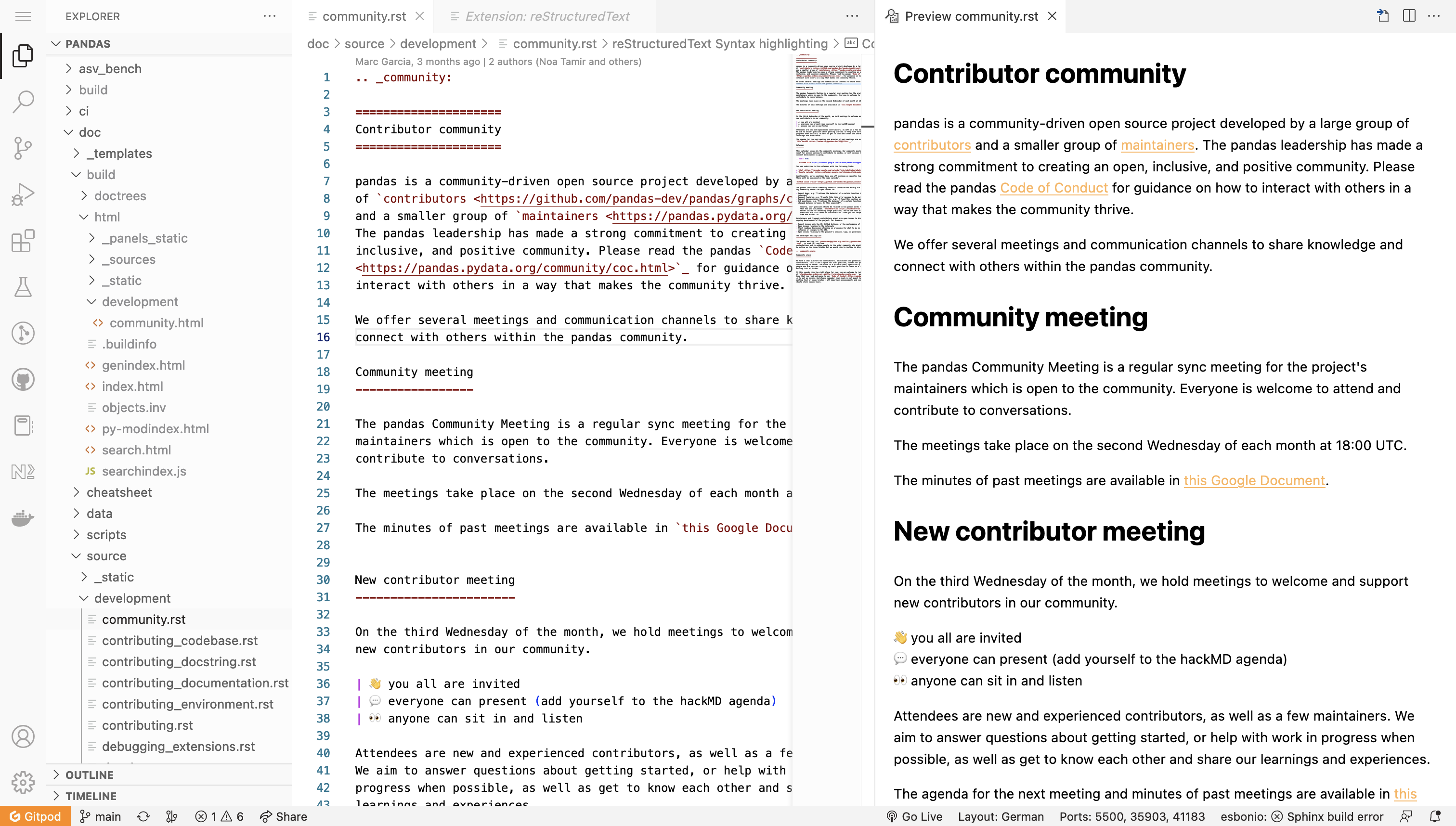 Gitpod 工作区 VSCode rst 渲染截图